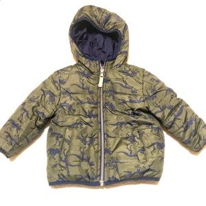 Carter’s 18m olive green and blue dinosaur puff coat - reversible with hood!